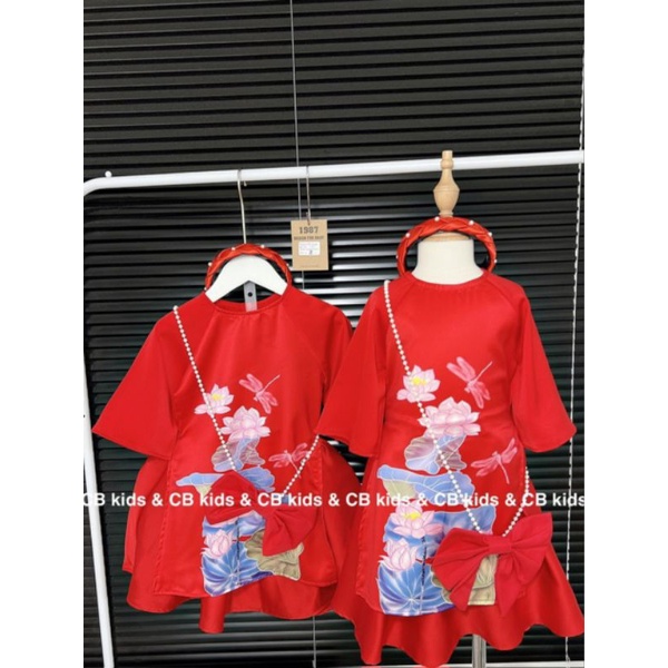 Set áo dài đỏ cách tân bé gái lụa mềm 4 chi tiết