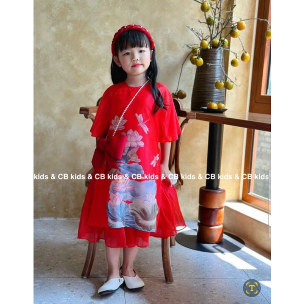 Set áo dài đỏ cách tân bé gái lụa mềm 4 chi tiết