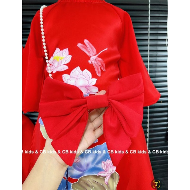 Set áo dài đỏ cách tân bé gái lụa mềm 4 chi tiết