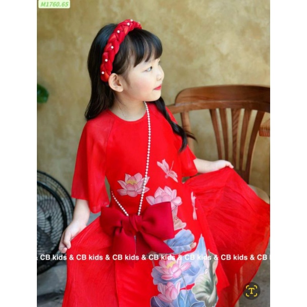 Set áo dài đỏ cách tân bé gái lụa mềm 4 chi tiết
