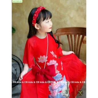 Set áo dài đỏ cách tân bé gái lụa mềm 4 chi tiết