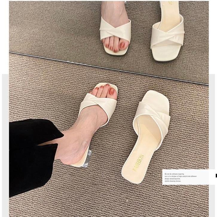 Dép nữ cao gót vuông trong 5p quai xếp cách điệu thời trang - G55