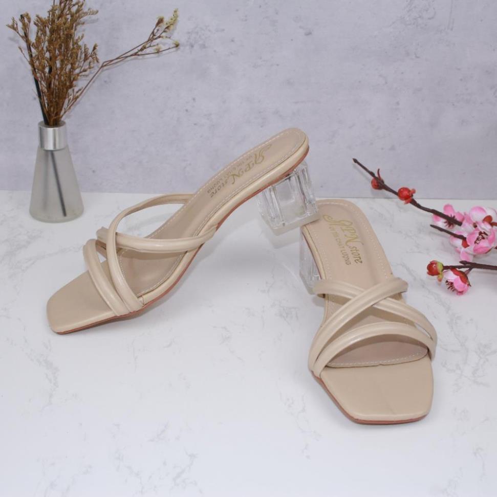 Dép nữ cao gót vuông trong 5p quai mảnh phồng ngang chéo chân - G66