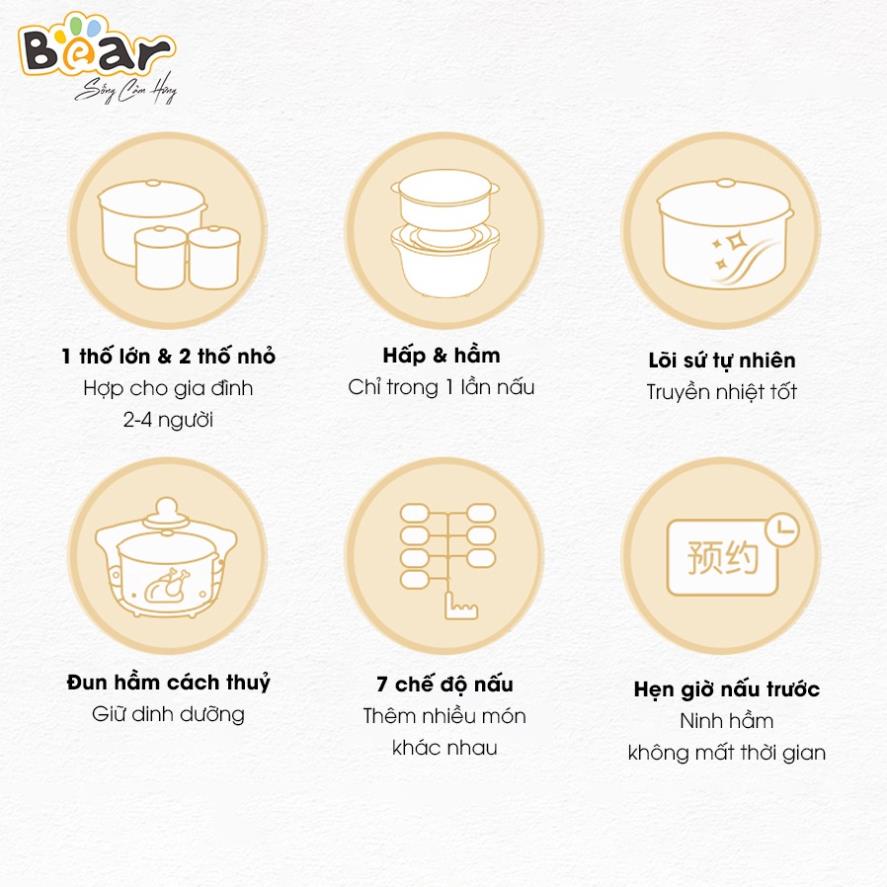 - Nồi Nấu Chậm Bear SUBE002 1.6L Đa Năng Nấu Cháo, Chưng Yến Bản -  Bảo Hành 18 Tháng