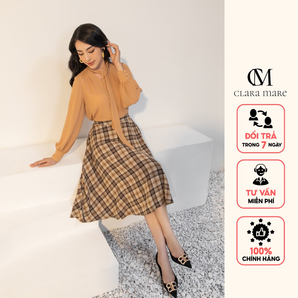 Chân váy xoè rộng, may hai lớp, kiểu dáng retro, chất liệu trượt/đũi hàn, không nhăn nhàu CLARA MARE SKI4004