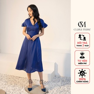 Đầm lụa nhật cao cấp, cổ tim, dáng xoè rộng, đầm may hai lớp, dre4031 clara mare