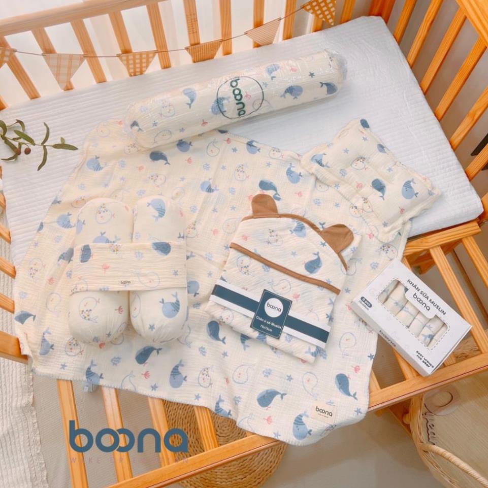 Combo sơ sinh Boona cho bé trai, bé gái gồm 8 sản phẩm muslin cao cấp, khăn tắm, ủ choàng, gối sơ sinh, gối ôm, khăn sữa