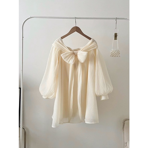 Áo váy babydoll trễ vai tay thắt nơ tay bồng xoè 2 lớp LIIN DRESS