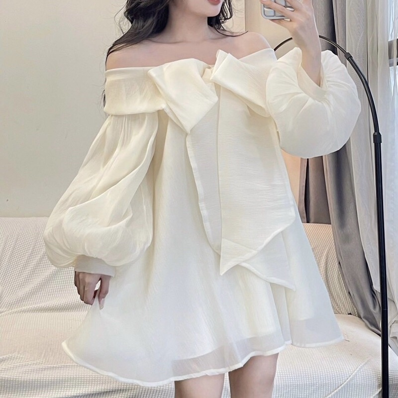Áo váy babydoll trễ vai tay thắt nơ tay bồng xoè 2 lớp LIIN DRESS