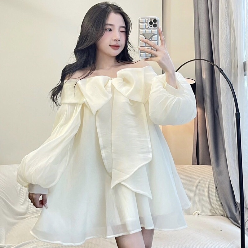 Áo váy babydoll trễ vai tay thắt nơ tay bồng xoè 2 lớp LIIN DRESS