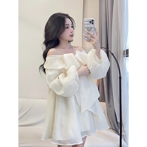 Áo váy babydoll trễ vai tay thắt nơ tay bồng xoè 2 lớp LIIN DRESS