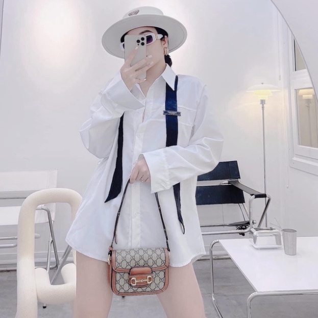 Áo sơmi nữ tay phồng cổ thắt nơ tiểu thư vải tơ 2 lớp m108