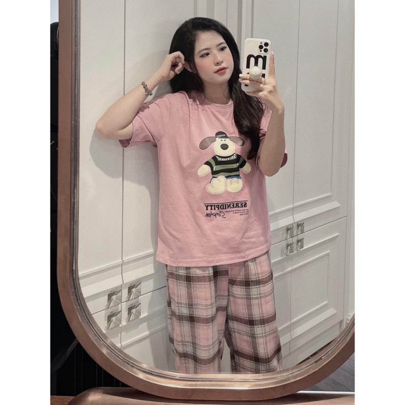 Set bộ hồng áo hình cún phối quần kẻ hot