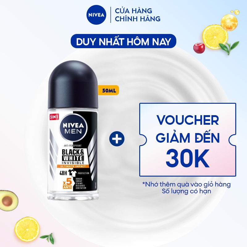 Lăn Ngăn Mùi NIVEA MEN Black&White Ngăn Vệt Ố Vàng Vượt Trội - Hương Mạnh Mẽ (50 ml) - 85392