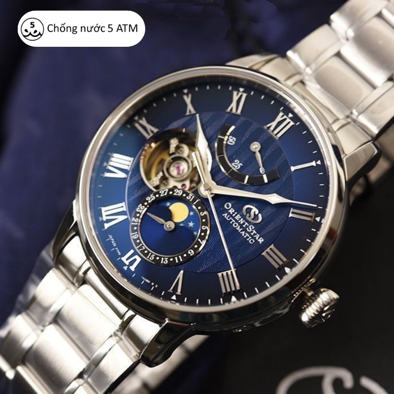 Đồng hồ cơ nam Orient Star Watch Moonphase RE-AY0103L00B mặt lộ cơ, kính Sapphire chống xước, dây thép đeo tay cao cấp