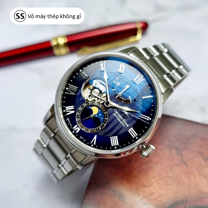 Đồng hồ cơ nam Orient Star Watch Moonphase RE-AY0103L00B mặt lộ cơ, kính Sapphire chống xước, dây thép đeo tay cao cấp