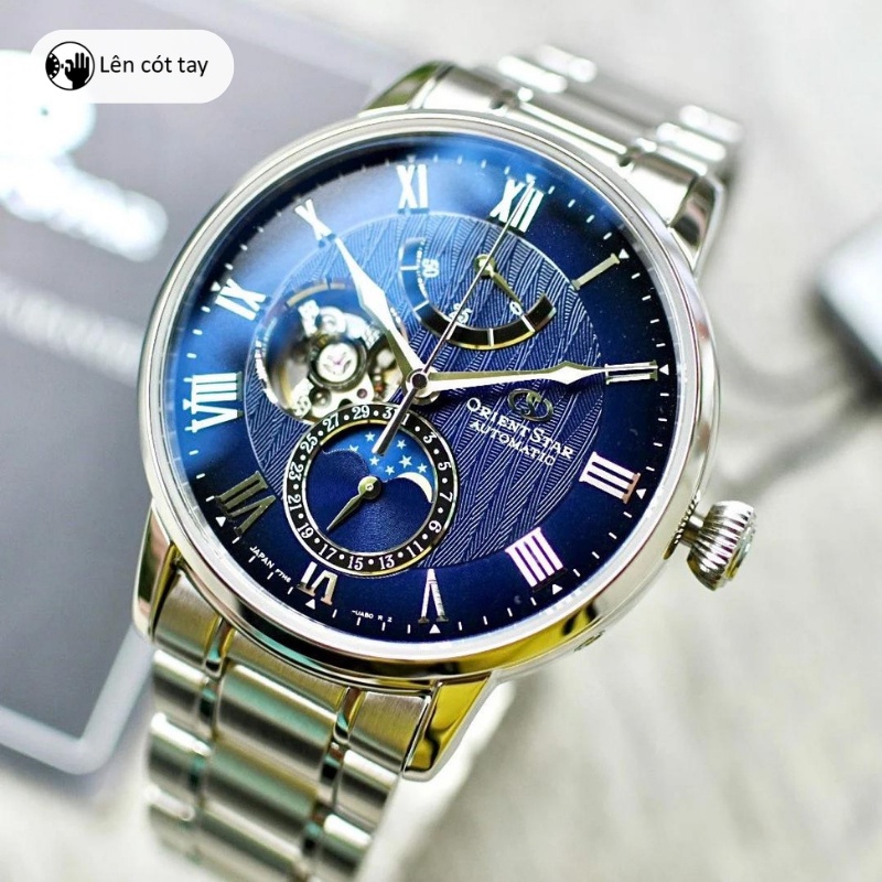 Đồng hồ cơ nam Orient Star Watch Moonphase RE-AY0103L00B mặt lộ cơ, kính Sapphire chống xước, dây thép đeo tay cao cấp