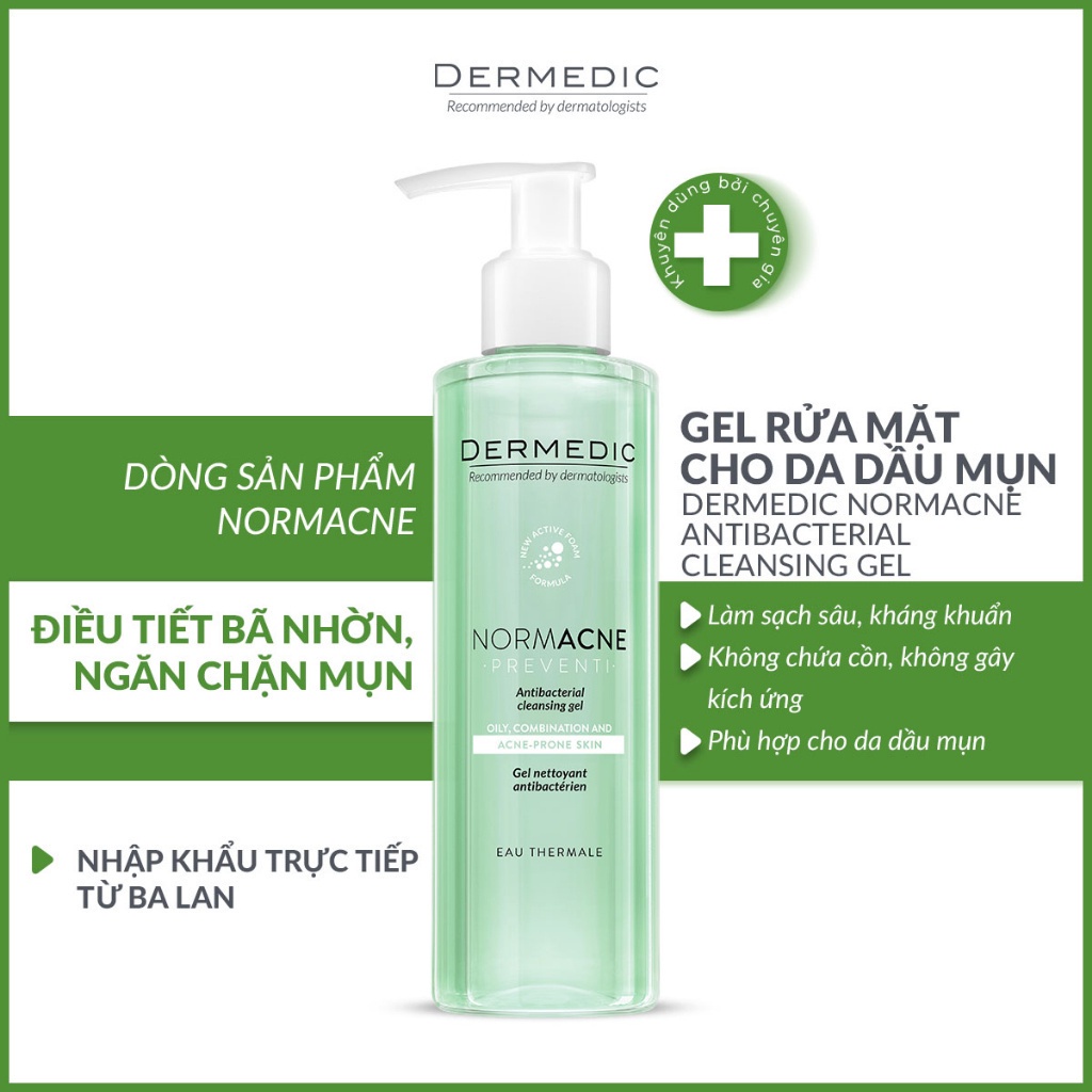 Sữa rửa mặt dạng gel làm sạch dành cho da dầu da mụn Dermedic Normacne Antibacterial Cleansing Gel