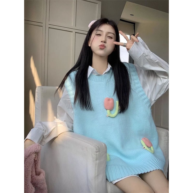 Áo Len Không Tay Họa Tiết Hoa Ba Chiều Phong Cách Mới Dành Cho Nữ