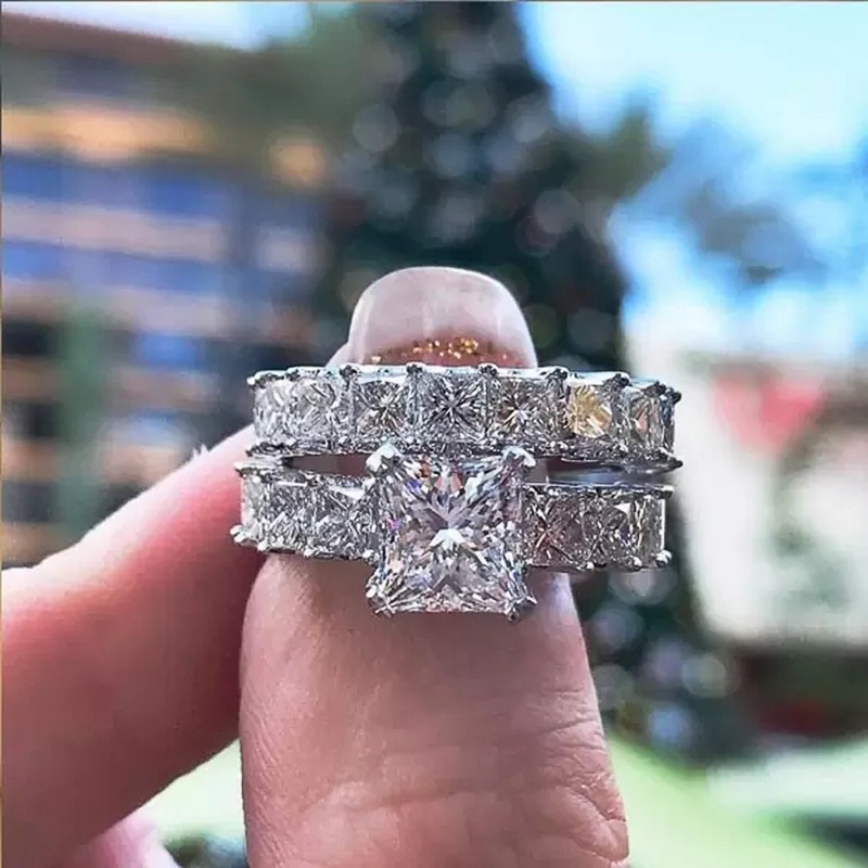 Nhẫn Hai Lớp Đính Đá Zircon Nhân Tạo Phong Cách Âu Mỹ