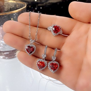 Set Khuyên Tai + Nhẫn + Bông Tai Hình Trái Tim Đính Đá Xinh Xắn Cho Nữ
