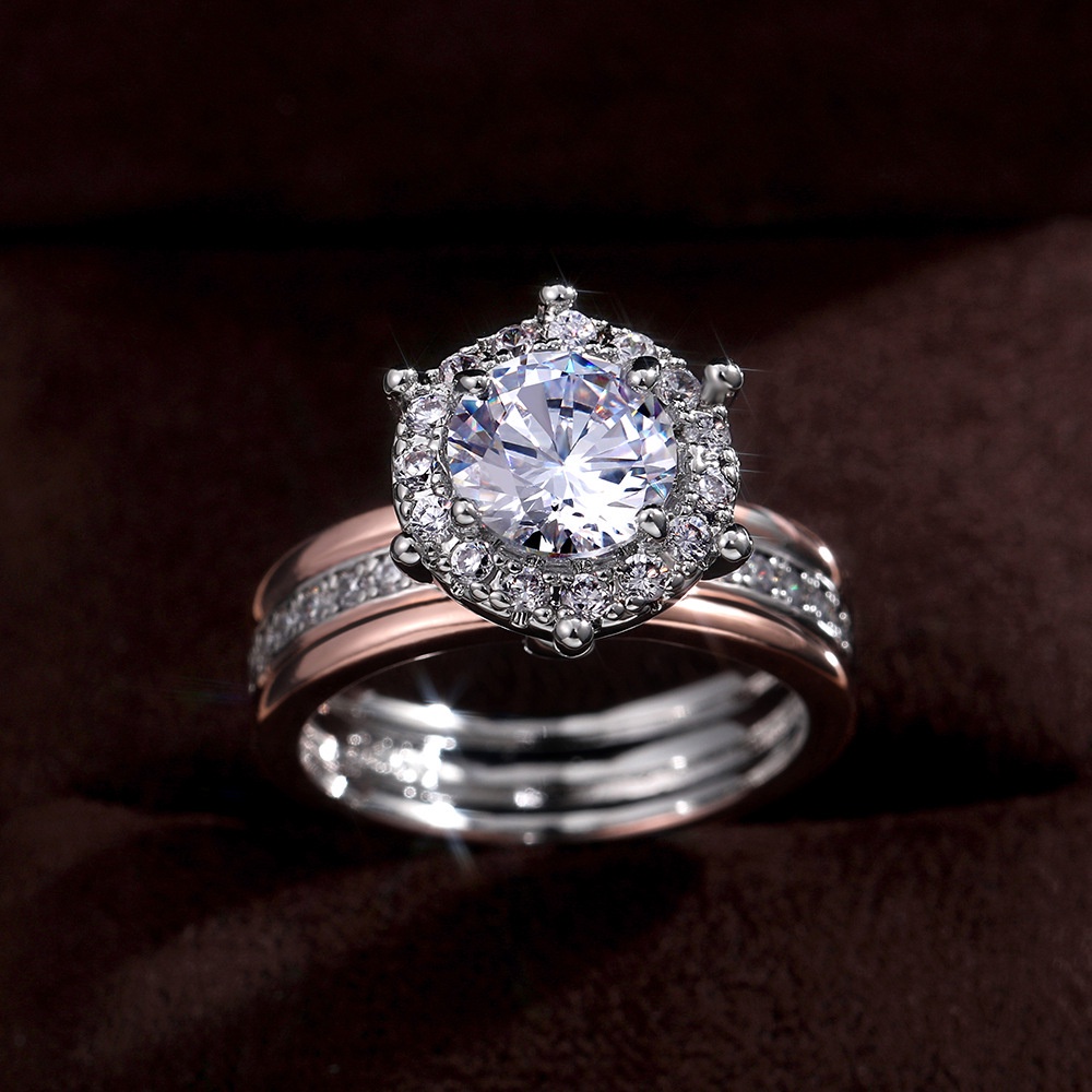Nhẫn Đính Hôn Hai Màu Đính Đá Zircon Phong Cách Âu Mỹ Sáng Tạo Dễ Phối Đồ Thời Trang