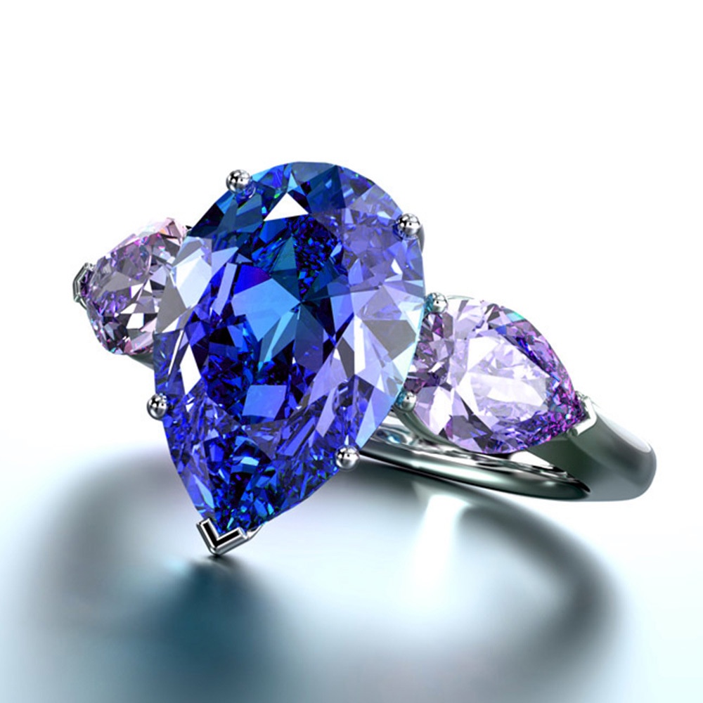 Nhẫn Đính Đá Zircon Hình Giọt Nước Màu Xanh Dương / Tím Phong Cách Sáng Tạo Thời Trang Mới