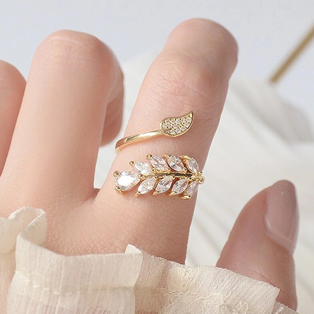Nhẫn Hở Hình Lá Đính Đá Zircon Siêu Lấp Lánh Nhật Hàn Độc Đáo Có Thể Điều Chỉnh Cho Nữ