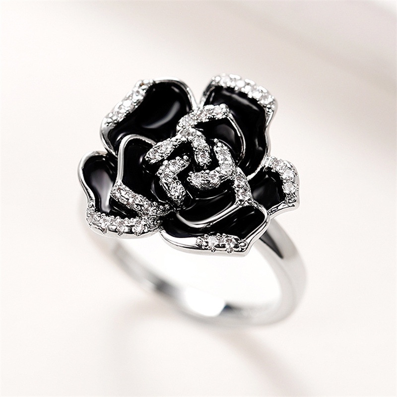 Nhẫn Hoa Hồng Đen Tráng Men Đính Đá Zircon Phong Cách Cổ Điển Thanh Lịch Dành Cho Nữ