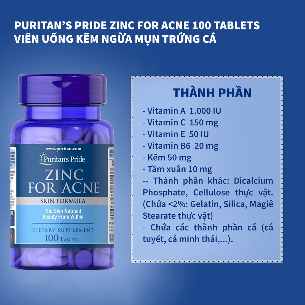 Combo hỗ trợ ngừa mụn, làm mờ vết thâm Zinc for Acne và Vitamin C-500mg Puritan's Pride