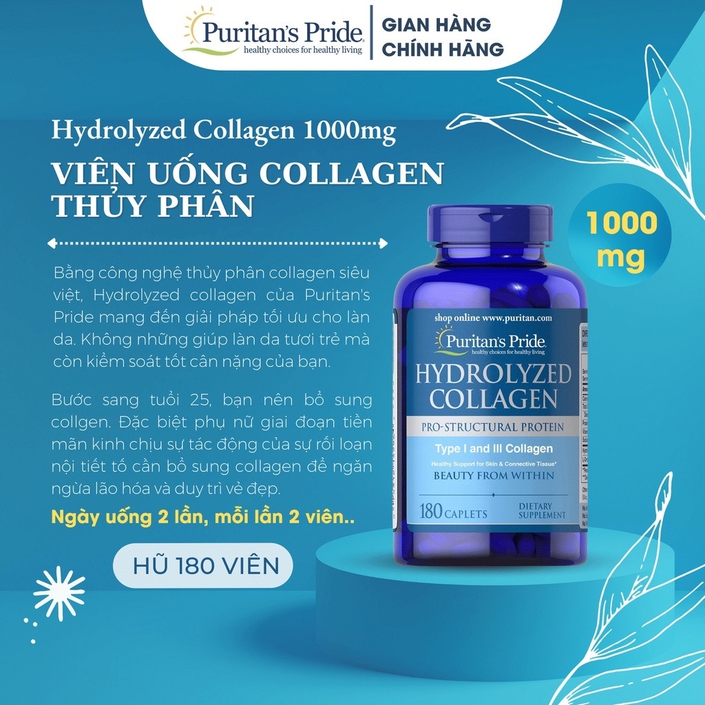 Combo trẻ hoá, mờ nám, sáng da, tăng độ đàn hồi da Collagen thuỷ phân Hydrolyzed Collagen & Vitamin C Puritan's Pride