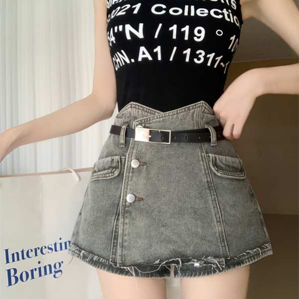 Chân váy jean chân váy jean ngắn Váy dài không khóa mùa thu Sansanjia váy ngắn denim nữ cổ điển tôn dáng nhóm chữ A giả hai mảnh mẫu mới