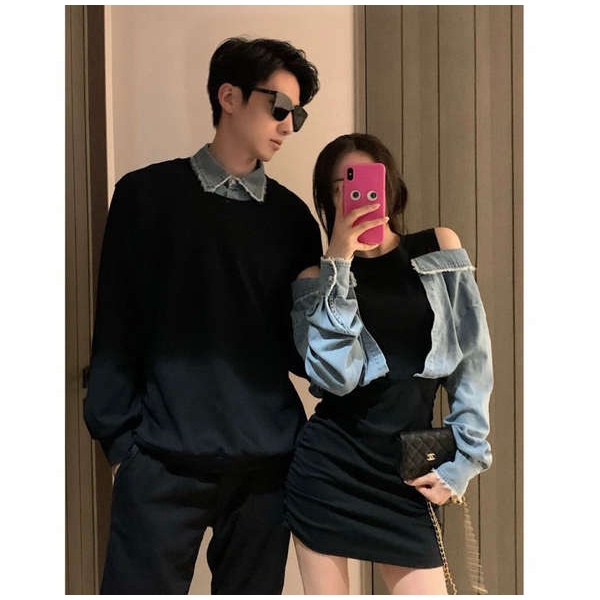 Quần jean giả váy quần giả váy nữ Áo len cặp đôi kiểu mới 2023 giả váy liền hai dây denim ghép váy thiết kế thích hợp cho nữ