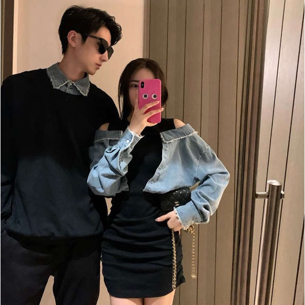 Quần jean giả váy quần giả váy nữ Áo len cặp đôi kiểu mới 2023 giả váy liền hai dây denim ghép váy thiết kế thích hợp cho nữ