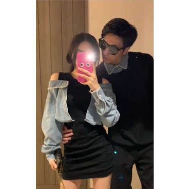 Quần jean giả váy quần giả váy nữ Áo len cặp đôi kiểu mới 2023 giả váy liền hai dây denim ghép váy thiết kế thích hợp cho nữ