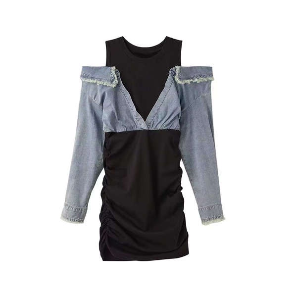 Quần jean giả váy quần giả váy nữ Áo len cặp đôi kiểu mới 2023 giả váy liền hai dây denim ghép váy thiết kế thích hợp cho nữ