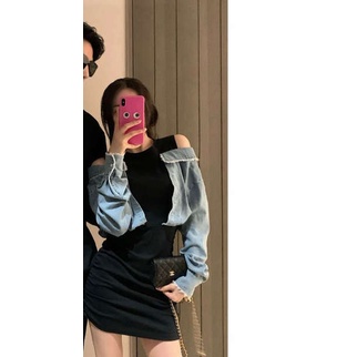 Quần jean giả váy quần giả váy nữ Áo len cặp đôi kiểu mới 2023 giả váy liền hai dây denim ghép váy thiết kế thích hợp cho nữ