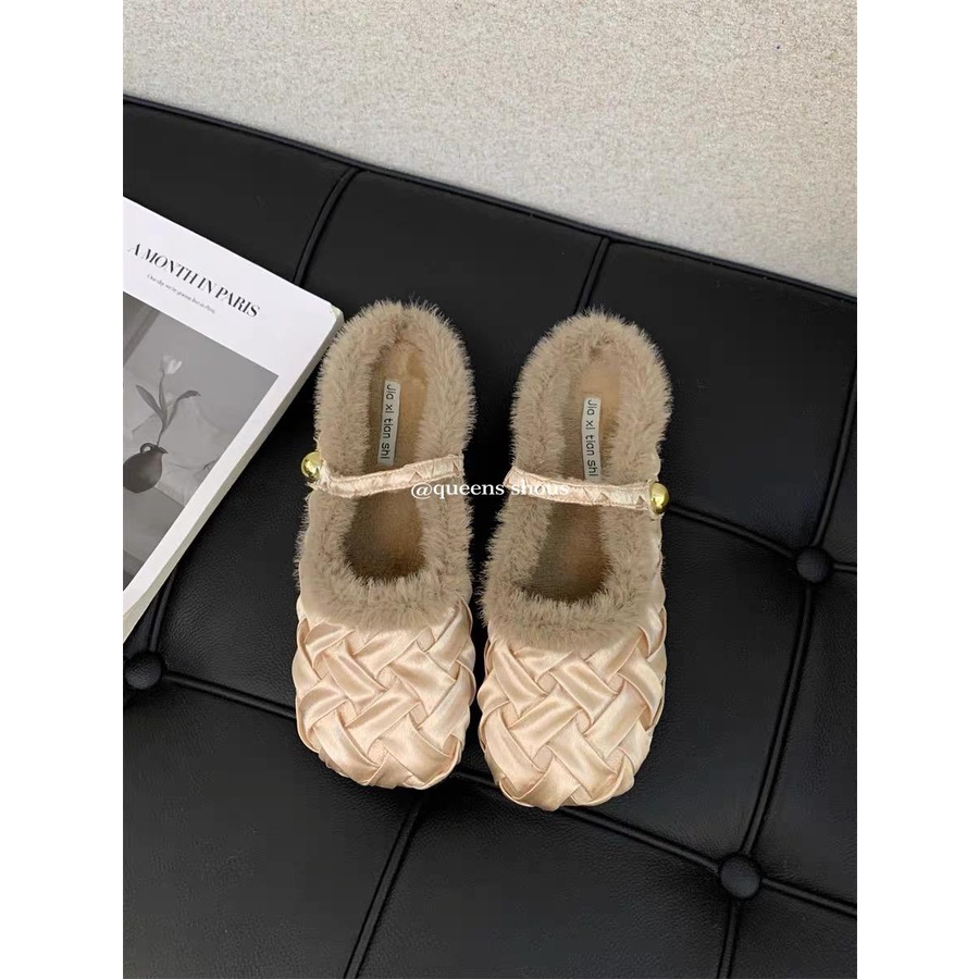 Dép Bít Mũi cotton Lót Lông Cừu Phong Cách retro Pháp Thời Trang Thu Đông 2023 Mới Cho Nữ