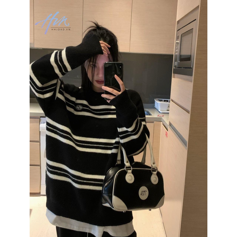 Áo sweater Cổ Tròn Họa Tiết Kẻ Sọc Màu Sắc Tương Phản Thời Trang Cho Nữ