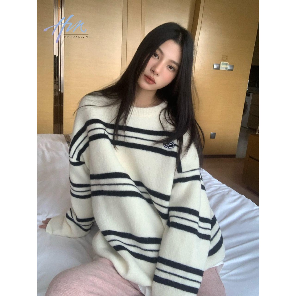 Áo sweater Cổ Tròn Họa Tiết Kẻ Sọc Màu Sắc Tương Phản Thời Trang Cho Nữ