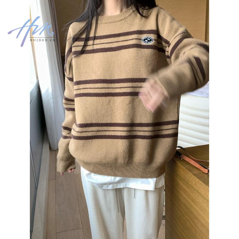 Áo sweater Cổ Tròn Họa Tiết Kẻ Sọc Màu Sắc Tương Phản Thời Trang Cho Nữ