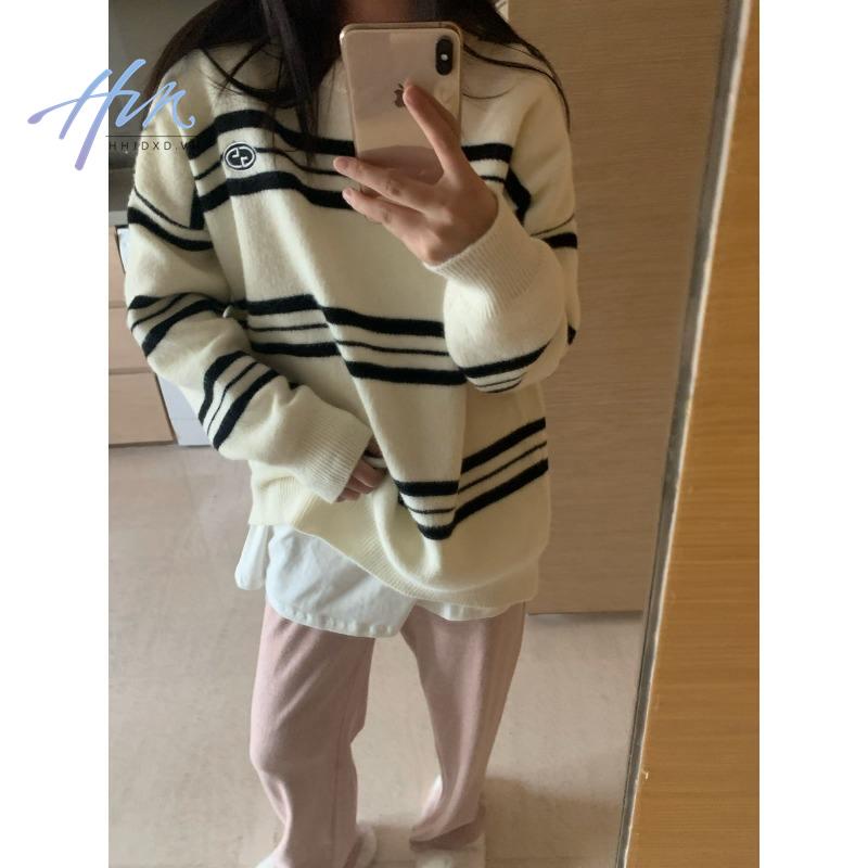 Áo sweater Cổ Tròn Họa Tiết Kẻ Sọc Màu Sắc Tương Phản Thời Trang Cho Nữ
