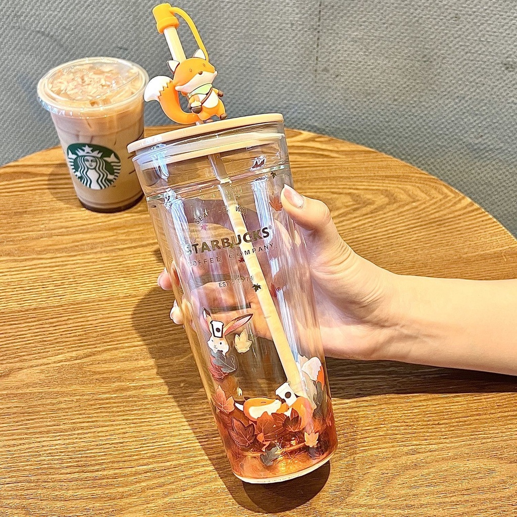 Nắp Cốc Ống Hút Hai Lớp Bằng Gỗ Cỡ Lớn In Họa Tiết Hoa Anh Đào / Gấu / Hoàng Hôn Mùa Thu Dễ Thương