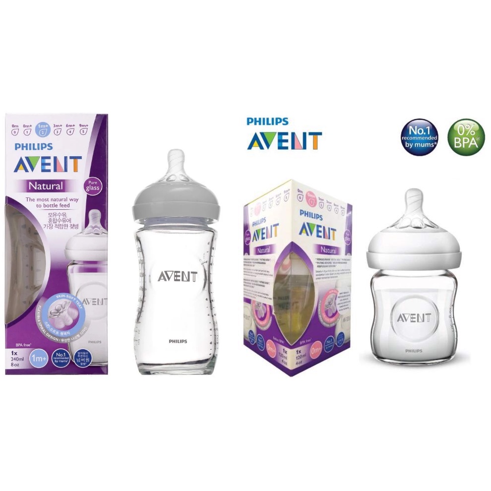 Bình sữa thủy tinh Avent Natural mô phỏng tự nhiên đơn 120ml/240ml, được chọn ty