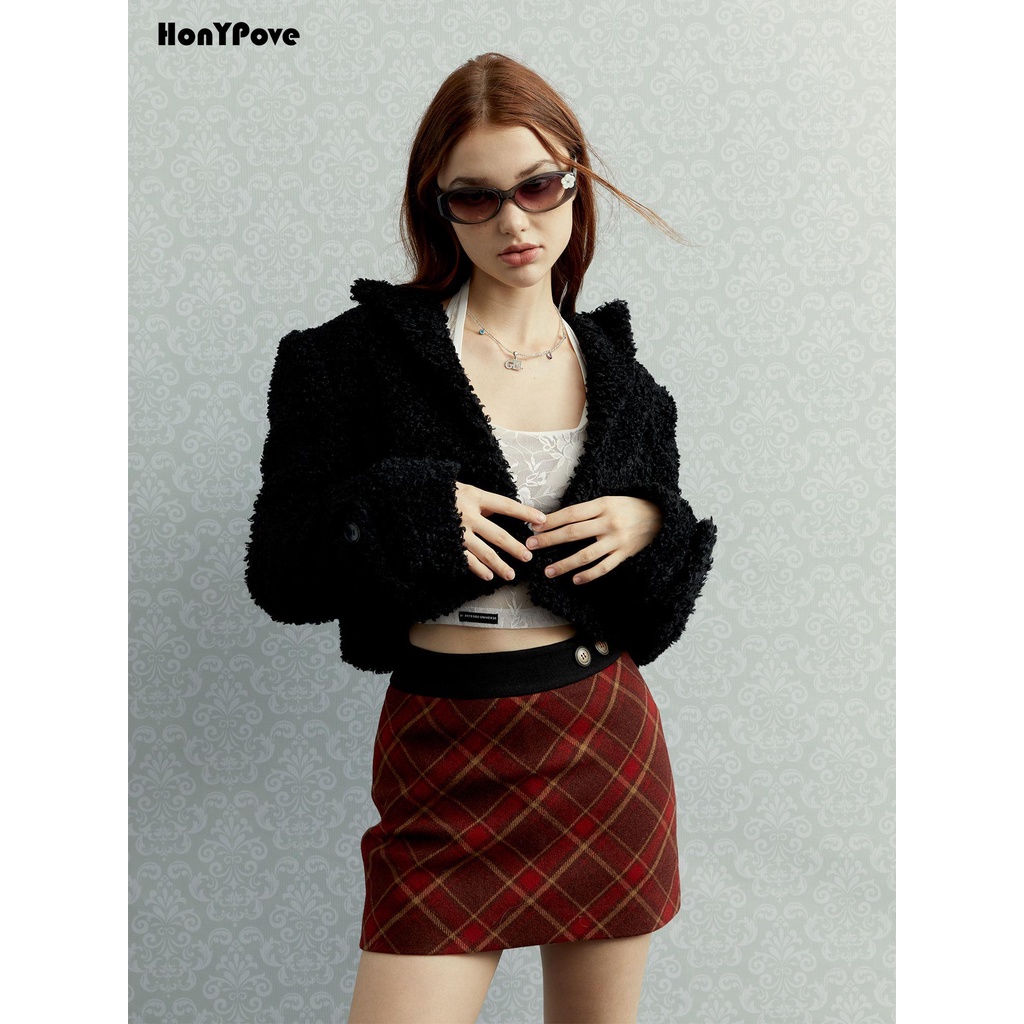 Honypove Chân Váy Nữ Lưng Cao Dáng Chữ a Họa Tiết Caro Thời Trang