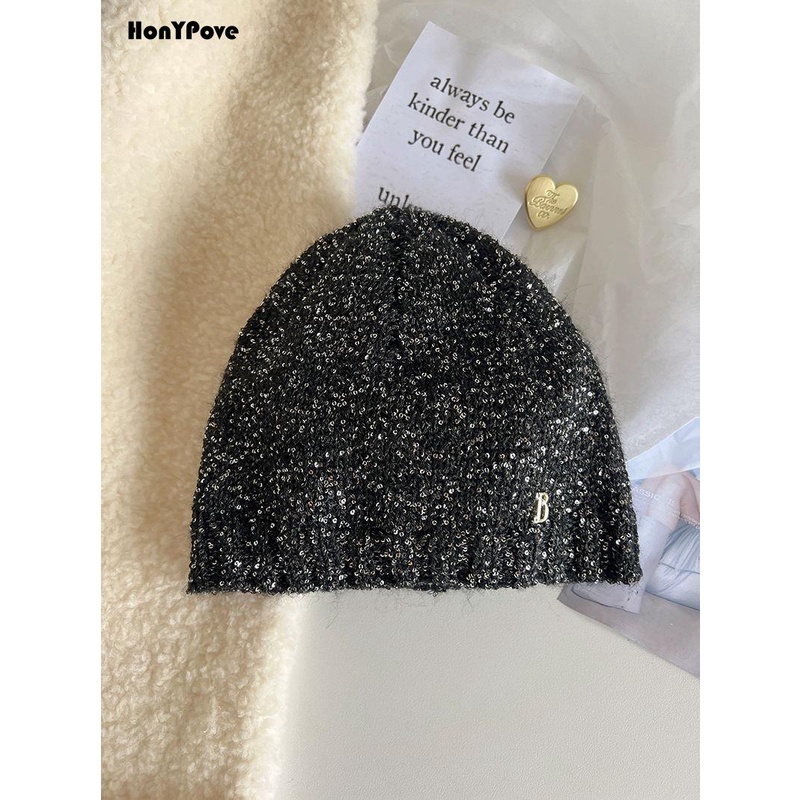 Honypove Jennie Mũ Len Dệt Kim Nhỏ Nhắn Đính Kim Sa Phong Cách Hàn Quốc Thời Trang Thu Đông