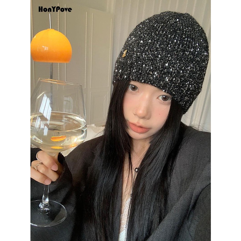 Honypove Jennie Mũ Len Dệt Kim Nhỏ Nhắn Đính Kim Sa Phong Cách Hàn Quốc Thời Trang Thu Đông