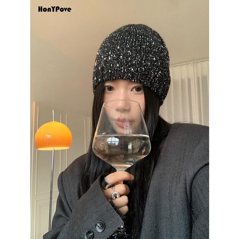 Honypove Jennie Mũ Len Dệt Kim Nhỏ Nhắn Đính Kim Sa Phong Cách Hàn Quốc Thời Trang Thu Đông