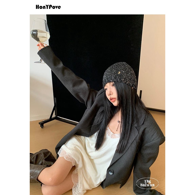 Honypove Jennie Mũ Len Dệt Kim Nhỏ Nhắn Đính Kim Sa Phong Cách Hàn Quốc Thời Trang Thu Đông