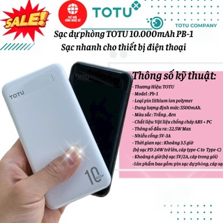 Pin Sạc Dự Phòng  TOTU 10.000mah PB-1 Sạc nhanh 22.5W chuẩn chuẩn PD, QC,VOOC,Sạc dự phòng chính hãng tích hợp 2 cổng ra